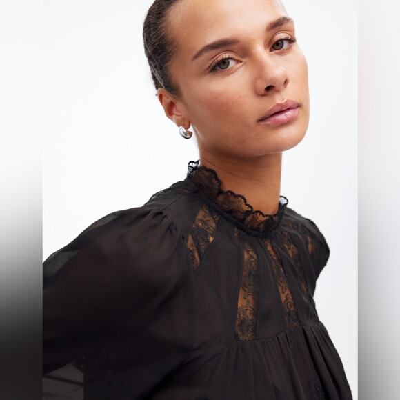 Madewell Black Lace-Inset Top in Silk Size L NT229 - Picture 4 of 6